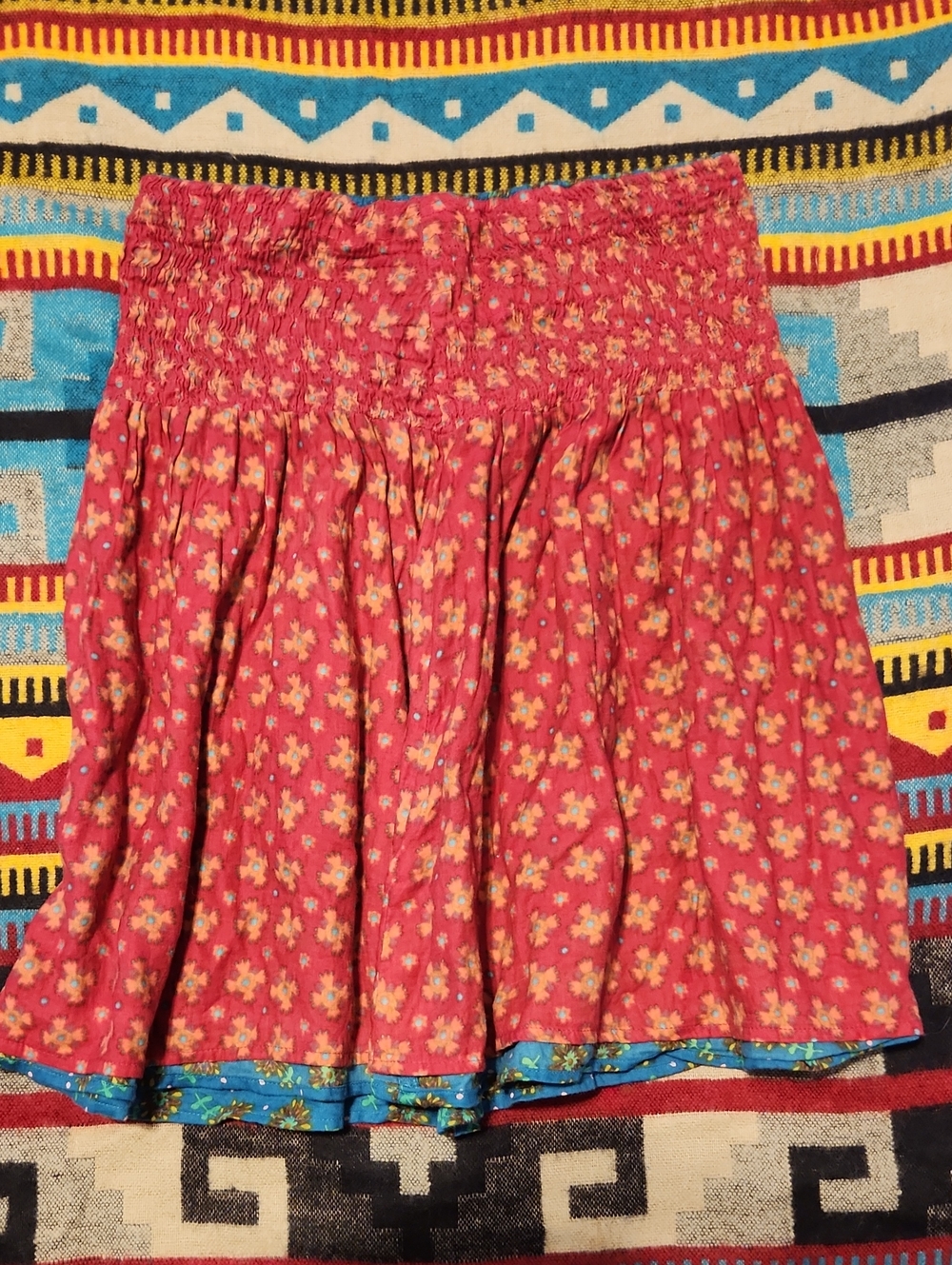 Women's Natural Life Reversable Red / Blue Floral Smocked Waist Skirt